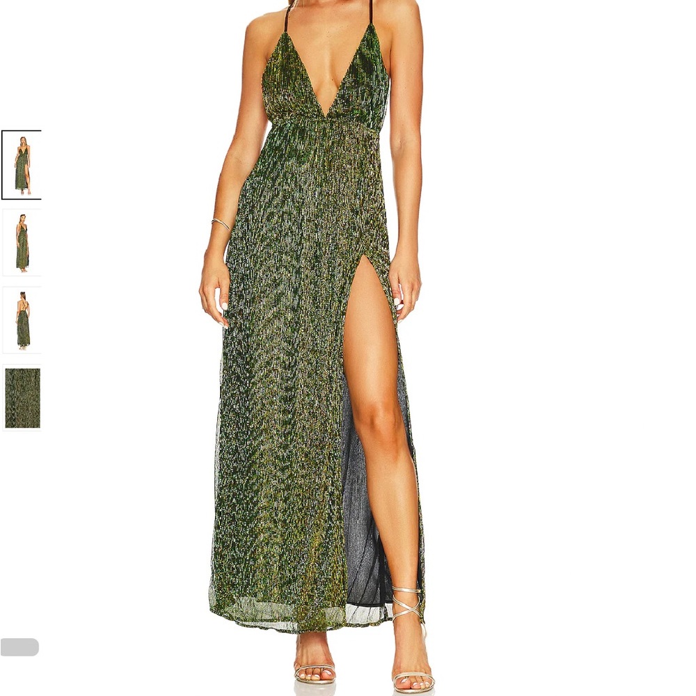 High Slit Maxi Dress in Green Metallic